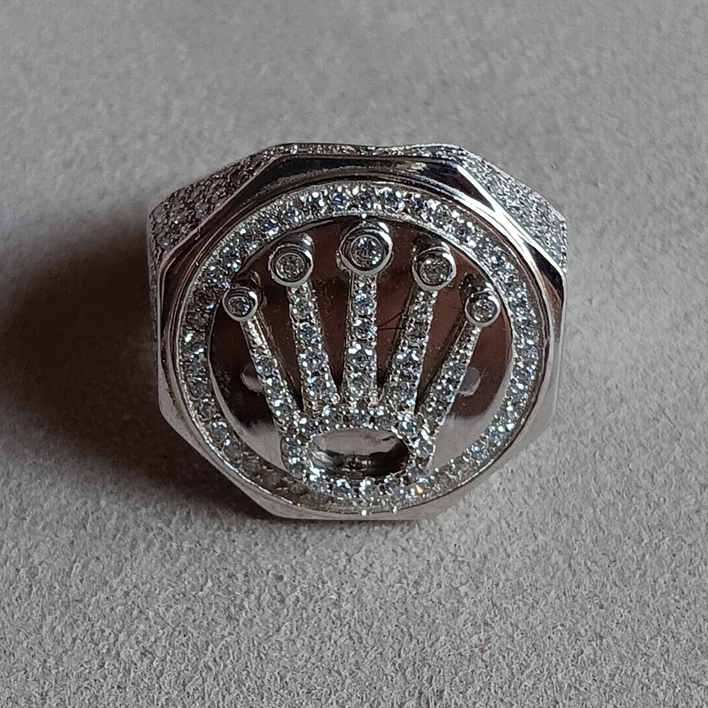 ROLLIE CROWN OCTAGON 925 Silver Rhodium Plated Hip Hop Iced Out Ring Mens SZ 10